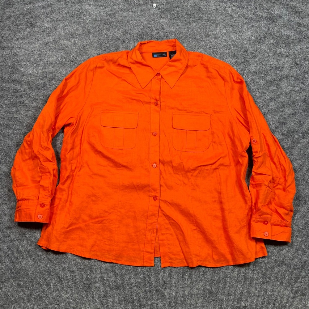 Relativity Womens 2X Orange 100% Linen Button Down Roll Tab Sleeve‎ Shirt Top